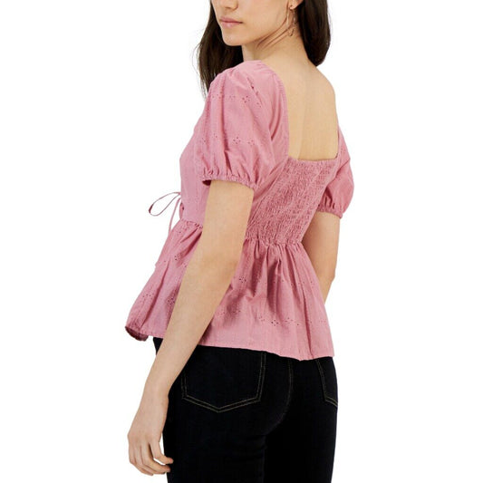 Planet Gold Juniors' XL Pink 100% Cotton Eyelet Puff-Sleeve Peplum Top NWOT.