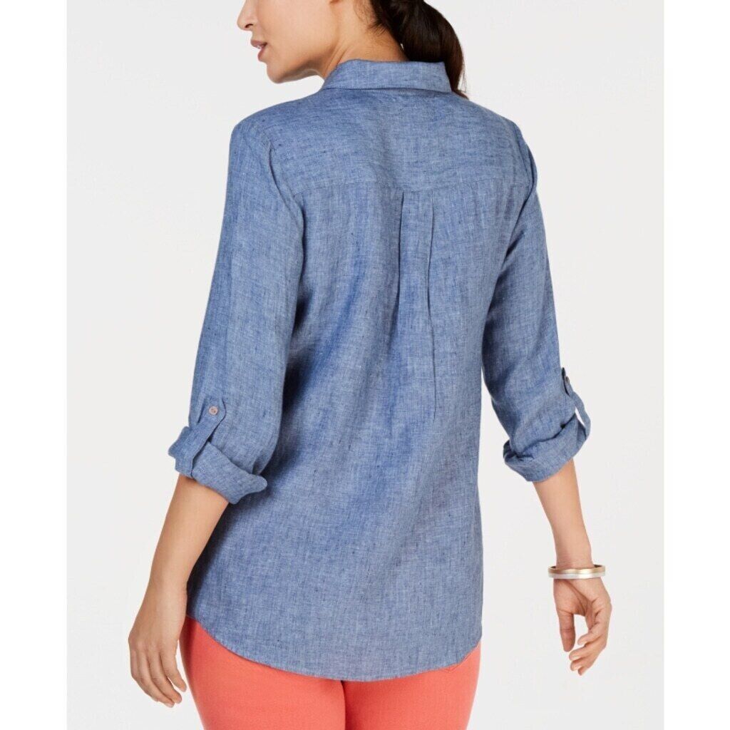 Charter Club Women's Size Petite Blue 100% Linen Button-Down Shirt NWT