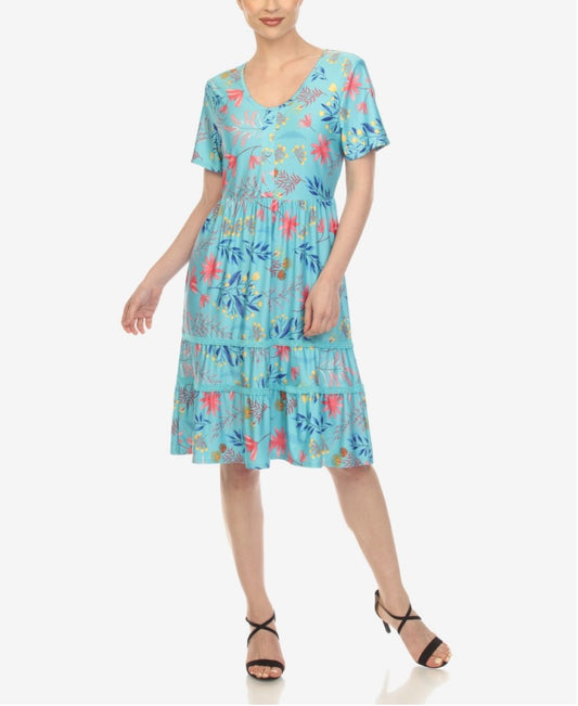 White Mark Women's Extra Large Blue Floral Short Sleeve Knee Length Dress NWT