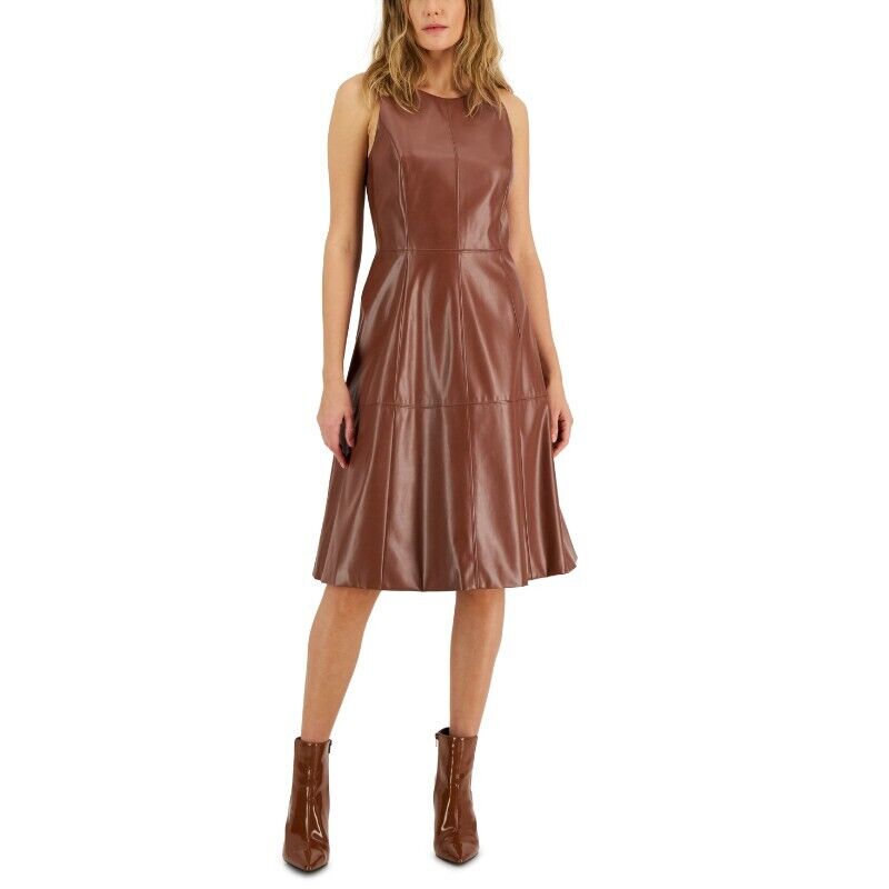 I.N.C. INTERNATIONAL CONCEPTS Sleeveless Pleather Fit & Flare Dress, Brown NWT