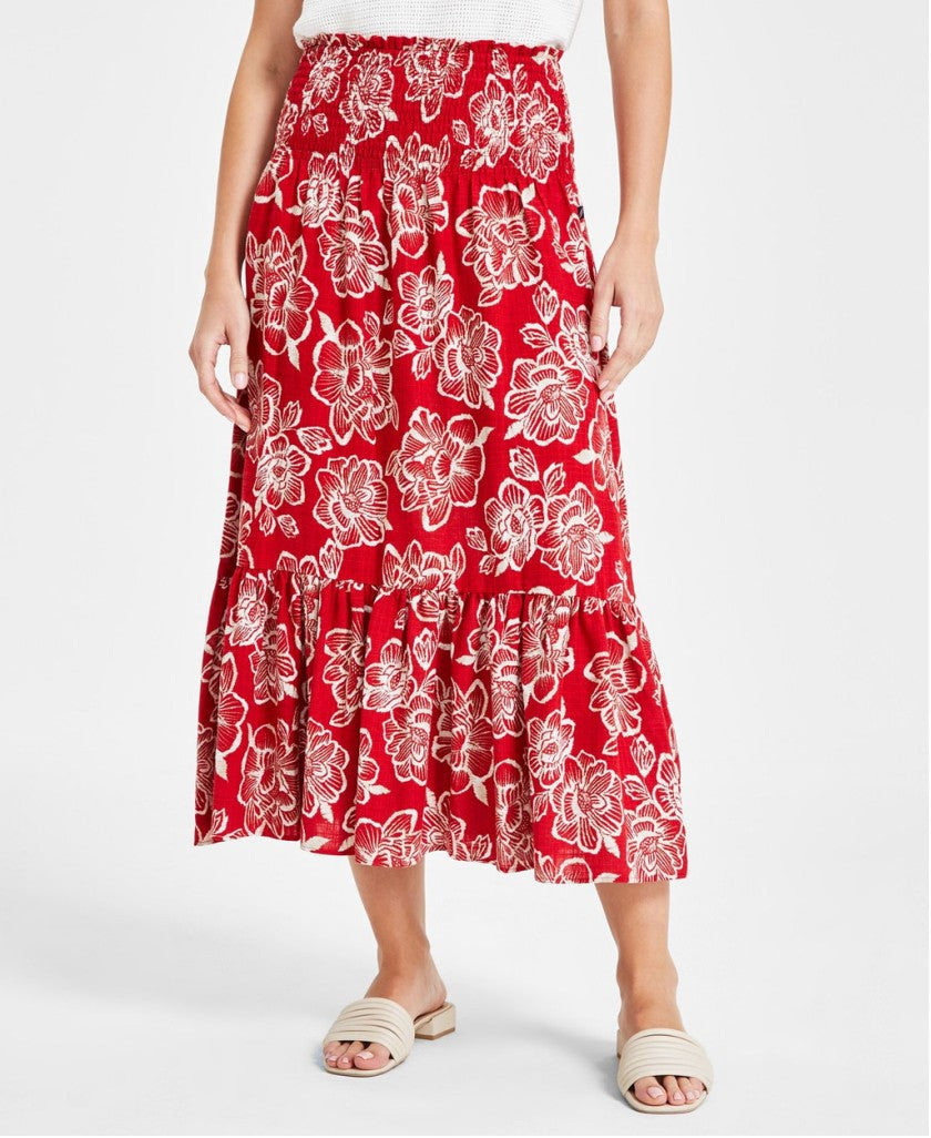 Nautica Jeans Size XL Red Floral Tiered Smocked-Waist Maxi Skirt NWT
