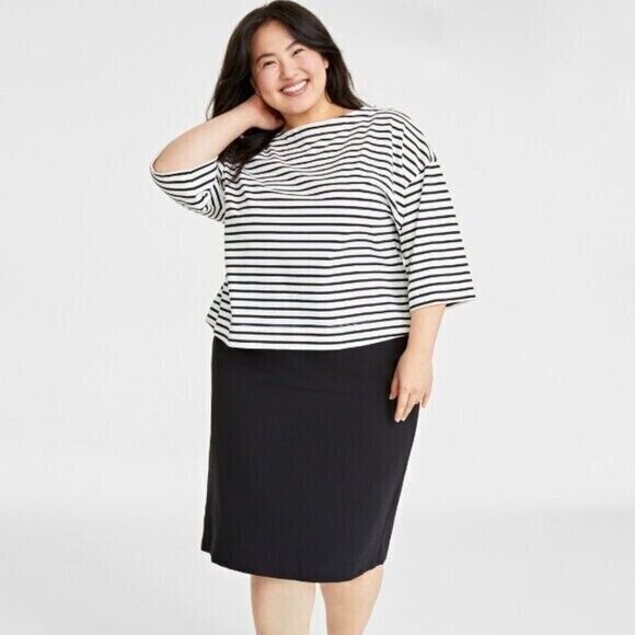 On 34th Plus Size Heavyweight Cotton Black & White Striped Boat-Neck Top NWT.