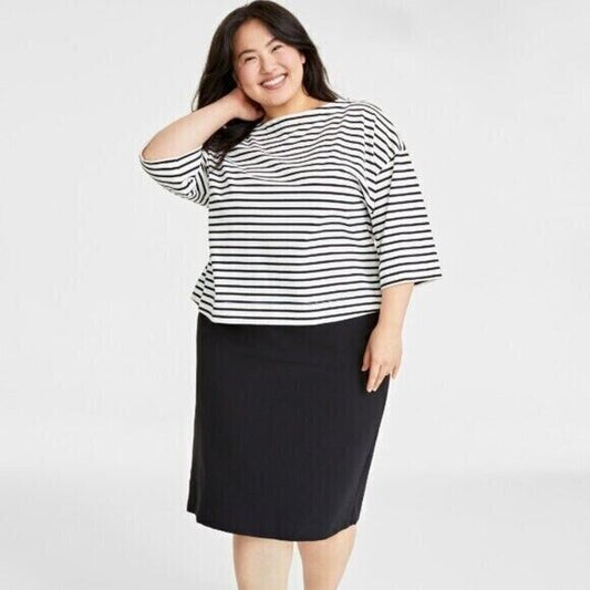 On 34th Plus Size Heavyweight Cotton Black & White Striped Boat-Neck Top NWT.