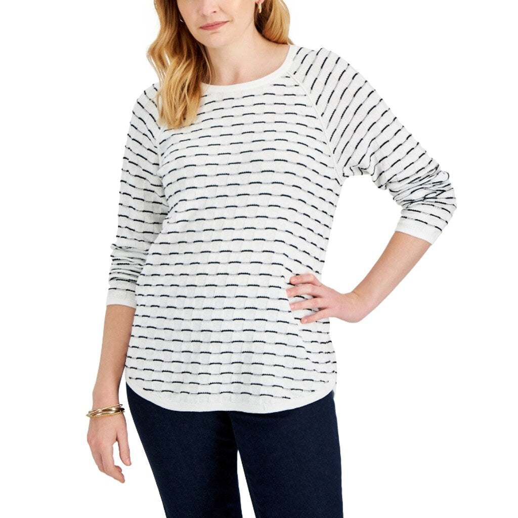 Karen Scott XL Petite White & Black 100% Cotton Curved-Hem Sweater NWT