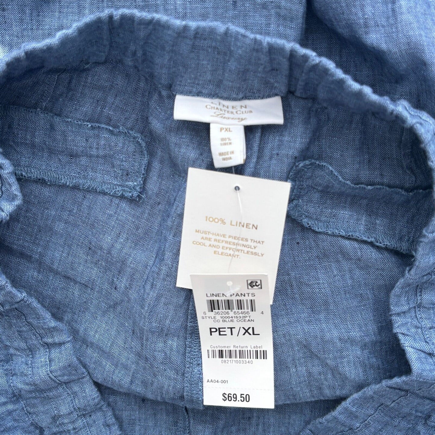Charter Club Luxury Line Blue Petite 100% Linen Drawstring Pants NWT