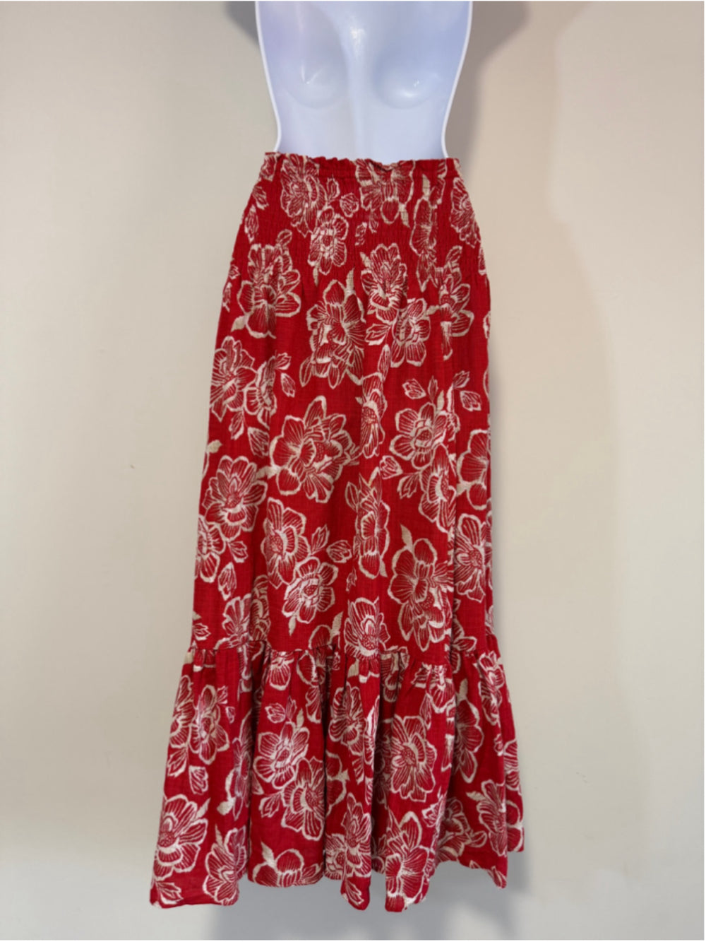 Nautica Jeans Size M Red Floral Tiered Smocked-Waist Maxi Skirt NWT