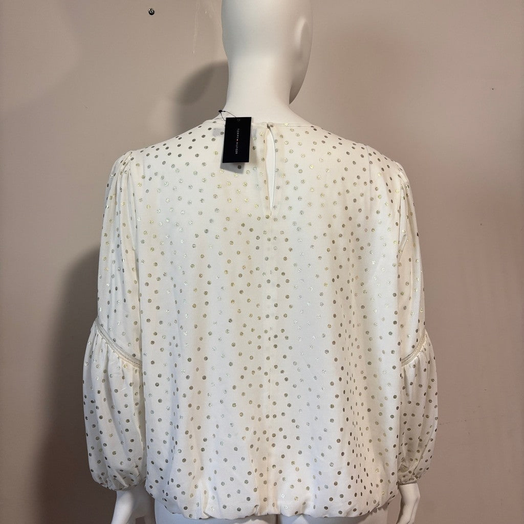 Tommy Hilfiger Plus Size 1X White w/ Gold Metallic-Dot Bloused Peasant Top NWT