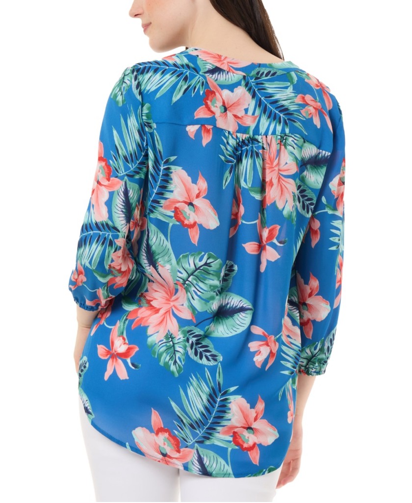 Jones New York Women's Small Blue & Floral Printed V-Neck Blouse NWT
