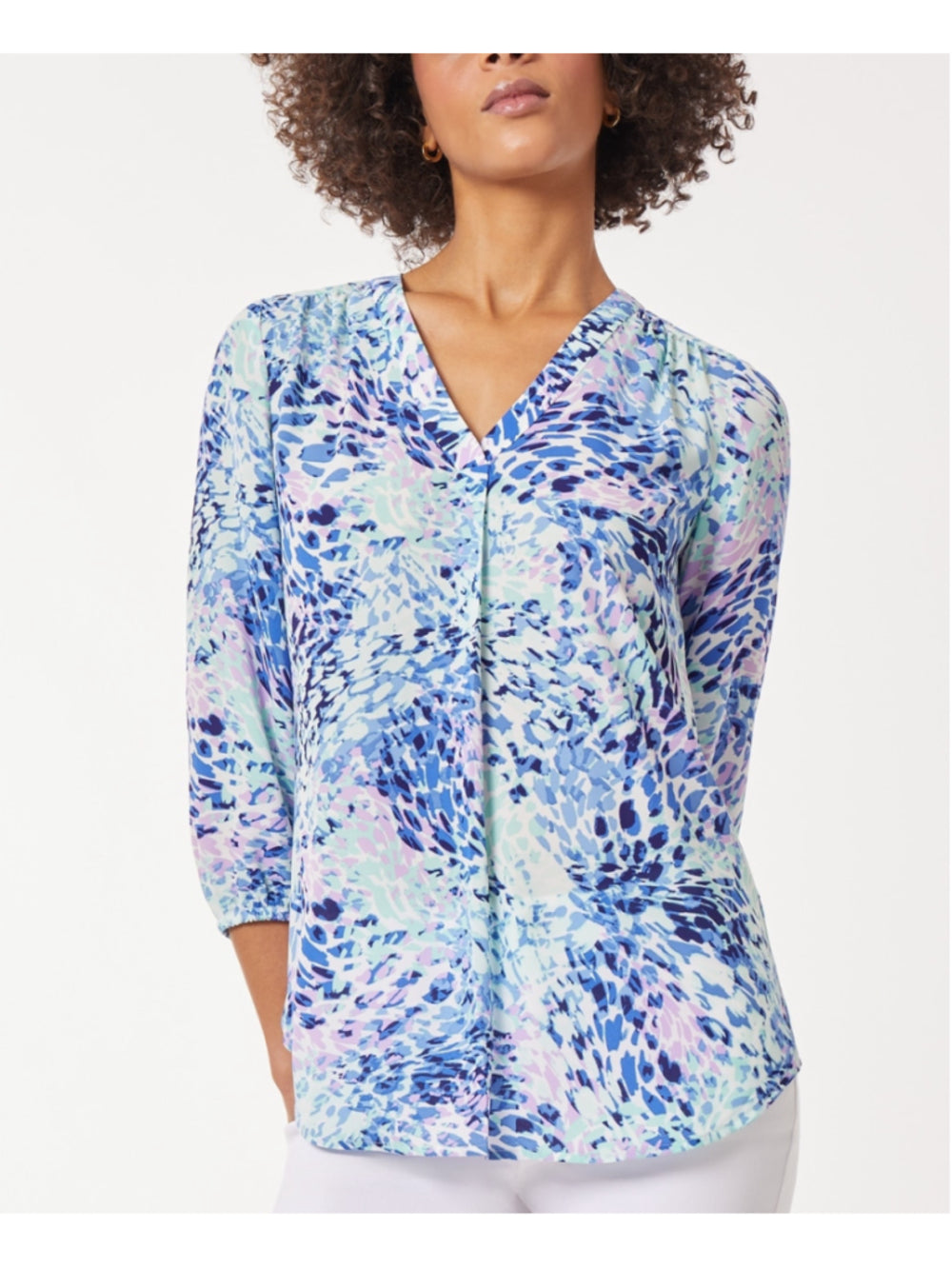 Jones New York Women's Small Petite Blue Floral Print V-Neck 3/4-Sleeve Top NWT