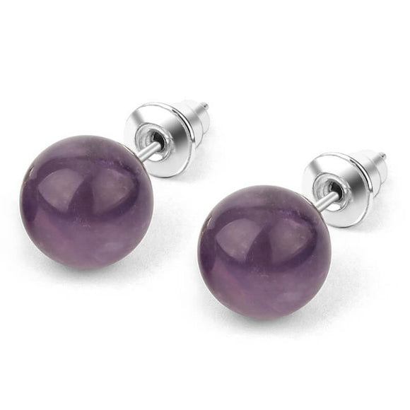 Natural Purple Amethyst & 925 Silver Plated Round Stud Earrings NWT