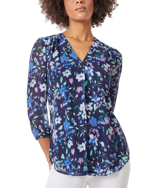 Jones New York Women's Petite Small Blue Floral-Print V-Neck 3/4-Sleeve Top NWT