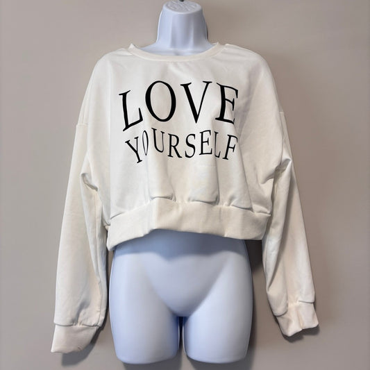 Shein Women's Size Large Cream "Love Yourself" Cropped Pullover Sweater NIB
