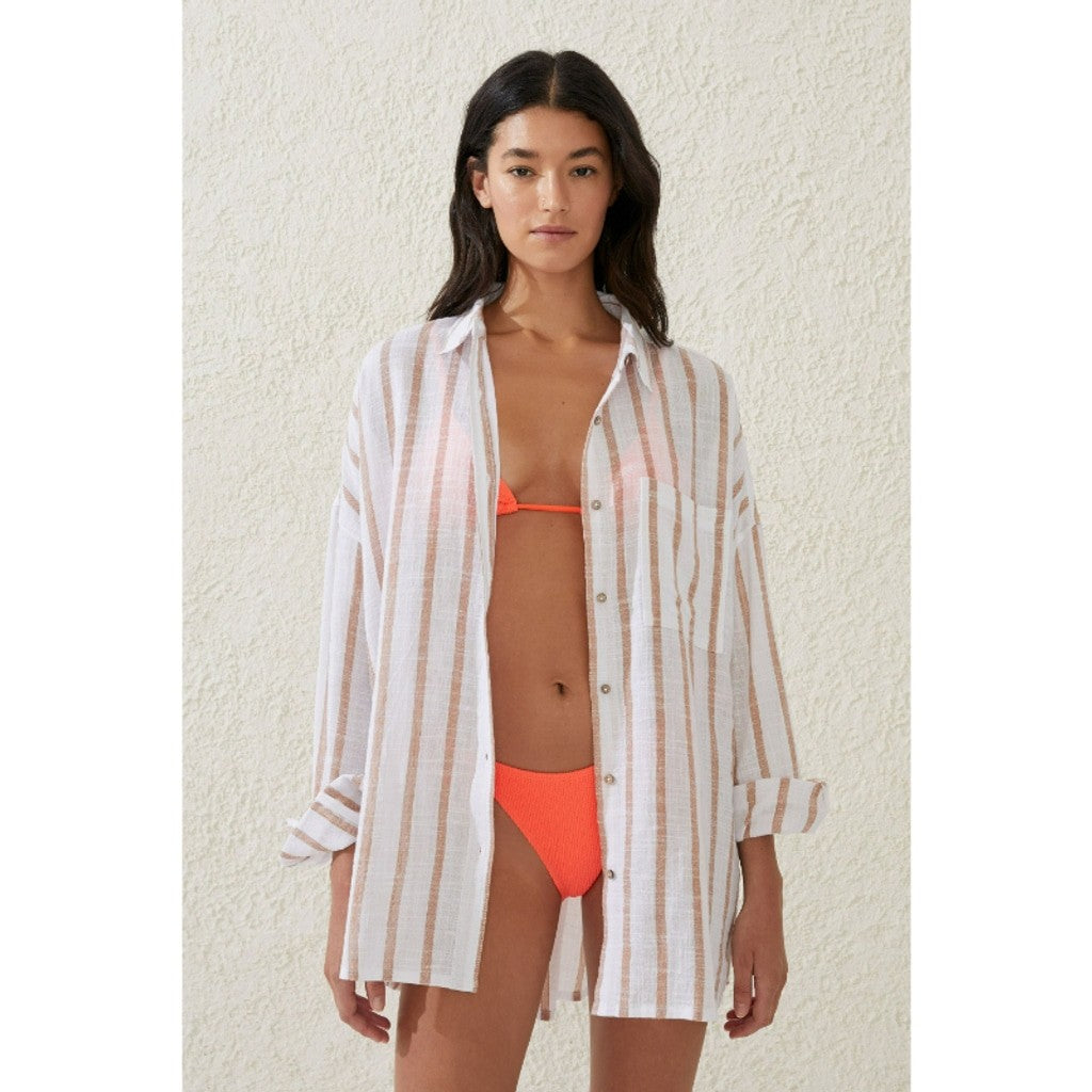 Cotton On Women's Large Brown White Striped Swing Beach Cover Up Shirt NWT