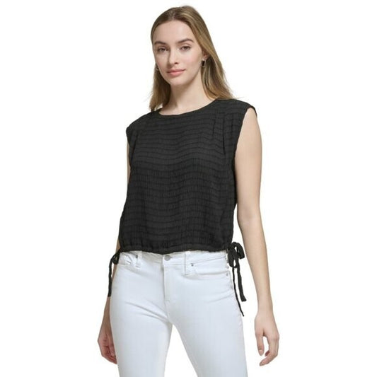 CALVIN KLEIN Women's Black Side-Tie Pintuck Round-Neck Top NWT
