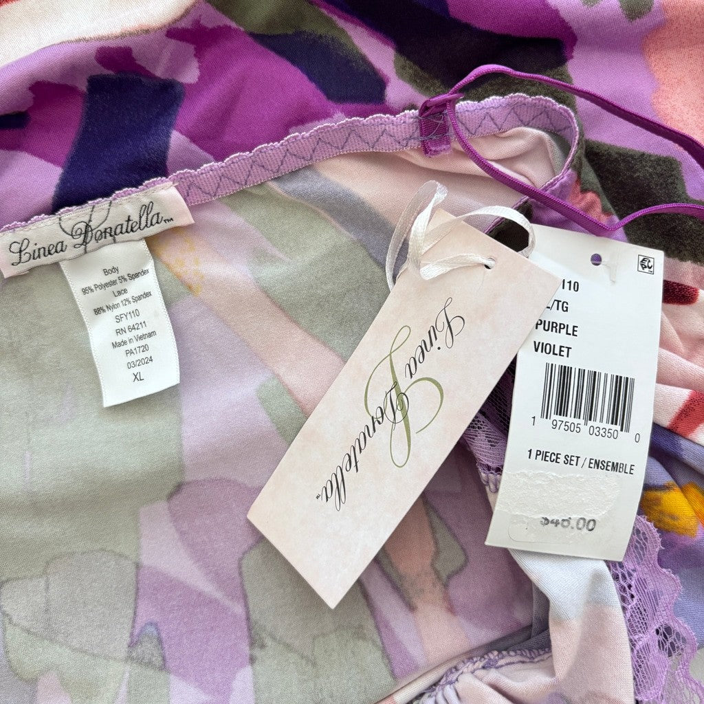 Linea Donatella Women's Purple Printed Lace-Trim Soft & Stretchy Chemise