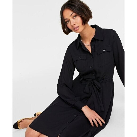 On 34th Plus Size Long-Sleeve Belted Black Shirtdress NWT