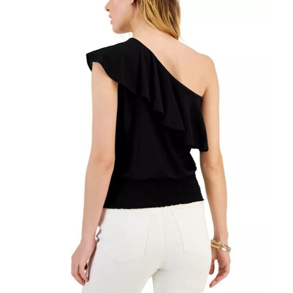 INC International Concepts Women's XL Black Ruffled One-Shoulder Smocked Top NWT