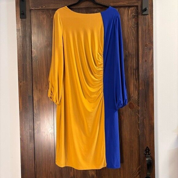 KASPER Plus Size Quinn Blue and Gold Colorblocked Split-Sleeve Dress NWT