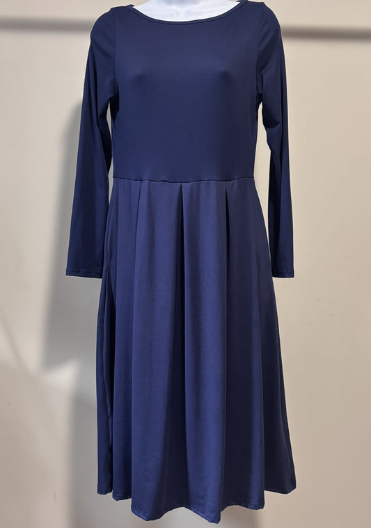 24Seven Comfort Women's Size Small Navy Blue Midi Fit & Flare Pocket Dress NWT