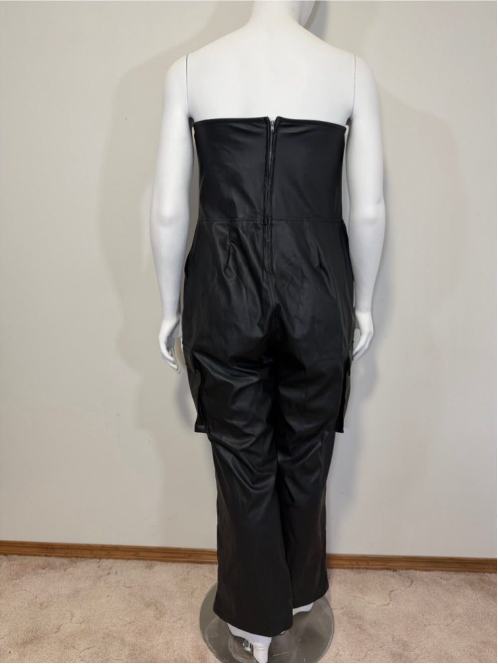 Bar III Women's Plus Size 14W Black Strapless Faux-Leather Jumpsuit NWT