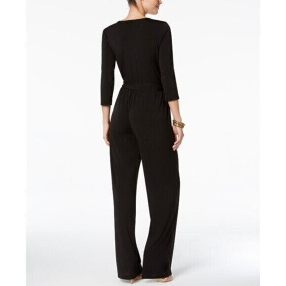 NY Collection Petite 3/4 Sleeve Belted Wide Leg Black Jumpsuit NWT