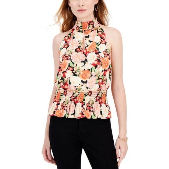 INC International Concepts Floral Printed Smocked-Waist Keyhole Top NWT