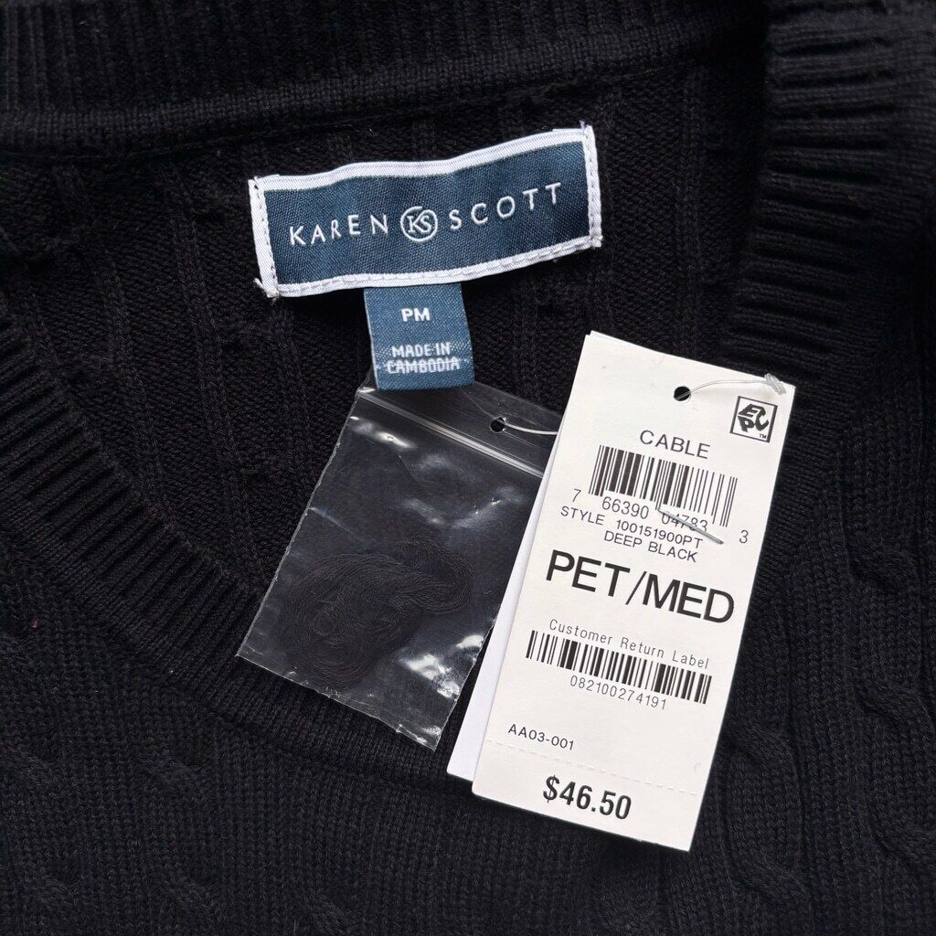 Karen Scott Women's Petite Medium 100% Cotton Black Cable-Knit Sweater NWT