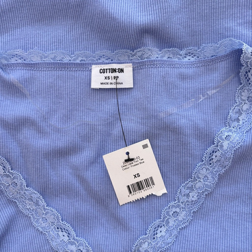 COTTON ON Women's Extra Small Periwinkle Blue Lace Trim Cropped T-shirt NWT
