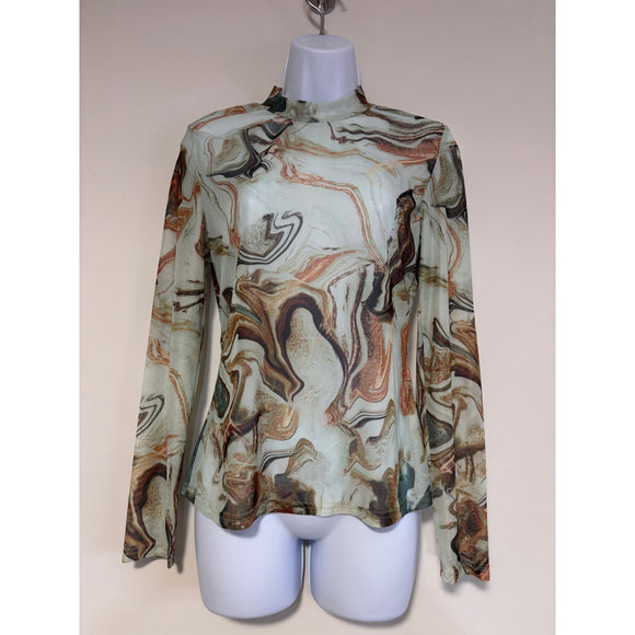 SHEIN Size Large Abstract Marble Print Mesh Long Sleeve Top NWT