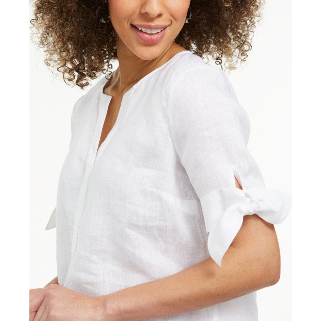 Charter Club Petite Medium White 100% Linen Split-Neck Short Sleeve Top NWT