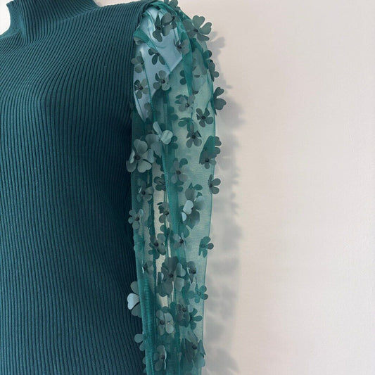 Almost Famous Size Small Green Sheer-Sleeve 3D-Flower Mock Neck Sweater NWT