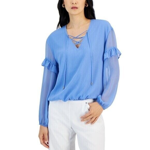 I.N.C. International Concepts Blue Lace-Up Ruffle-Sleeve Blouse NWT.