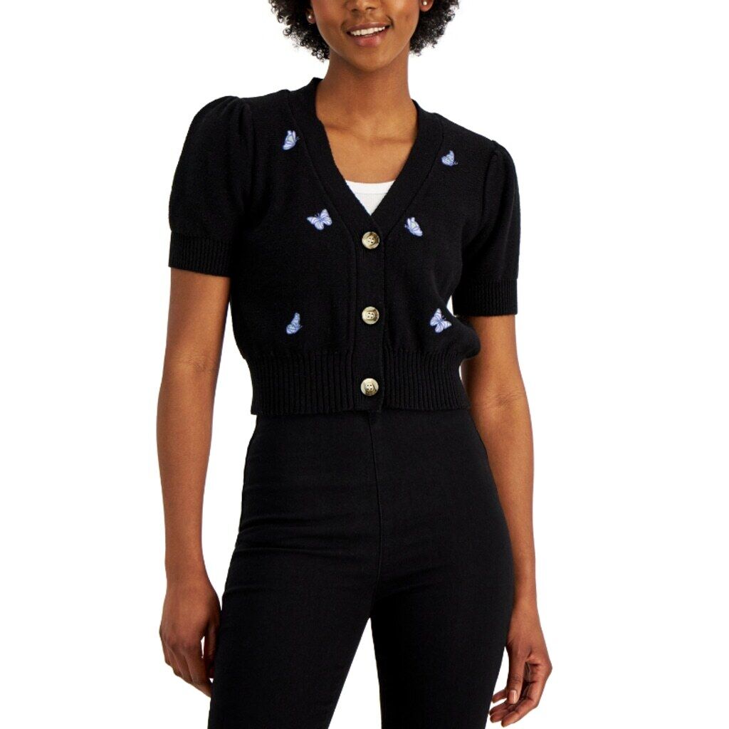 Hooked Up Juniors' M Puff-Sleeve Embroidered Butterfly Cardigan Sweater NWT