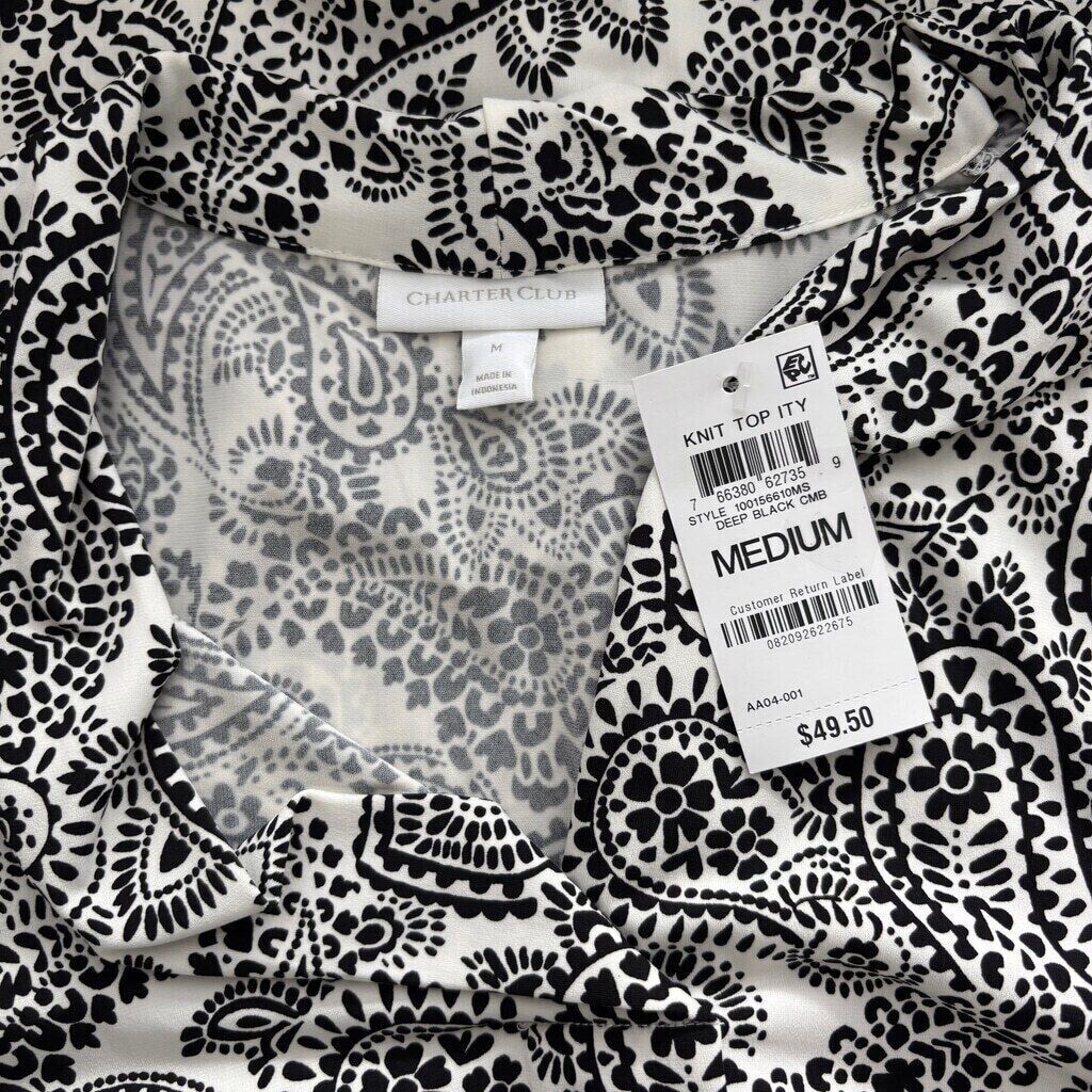 Charter Club Women's White & Black Bold Paisley Printed Top NWT