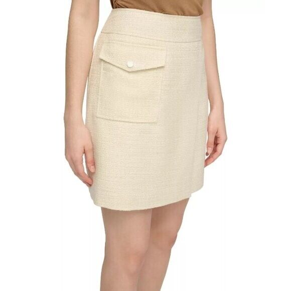 CALVIN KLEIN Women's 14 Faux-Wrap Tweed Light Beige Pocket-Front Pencil Skirt  NWT