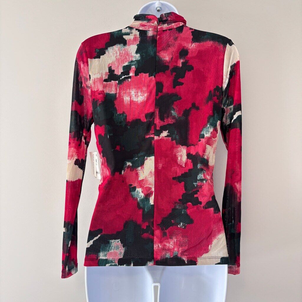 Bar III Women's Small Red Printed Twisted Mock Neck Long-Sleeve Mesh Top NWT