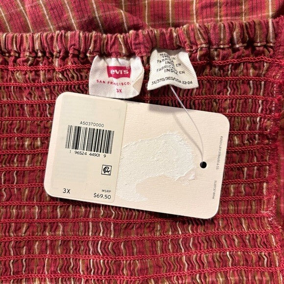 LEVI'S Trendy Plus Size Devin Cotton Red Plaid Ruched Balloon-Sleeve Top NWT