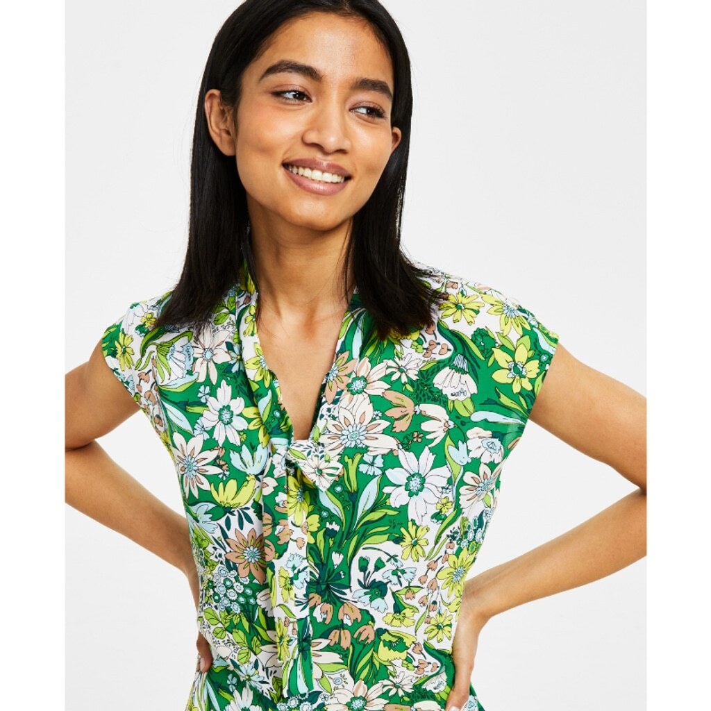 Bar III Women's Size XXS Vibrant Green Floral Sleeveless Tie-Neck Top NWT