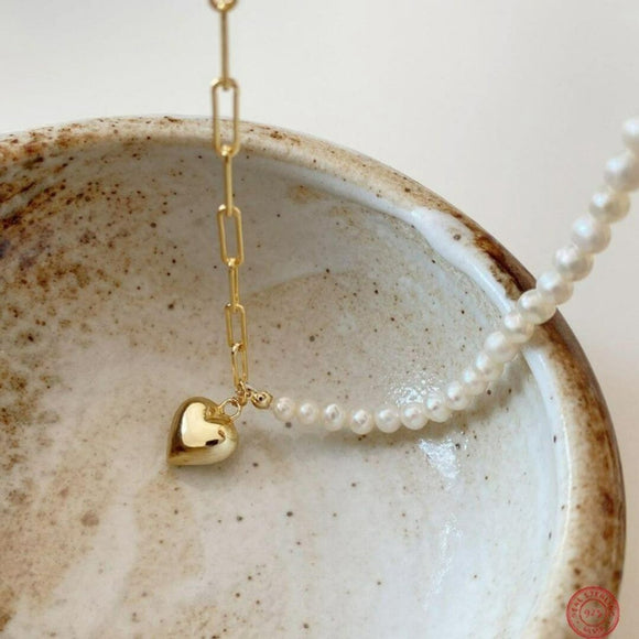 Retro Beaded Faux-Pearl Choker Necklace Asymmetric Heart Gold Colored Chain NWT