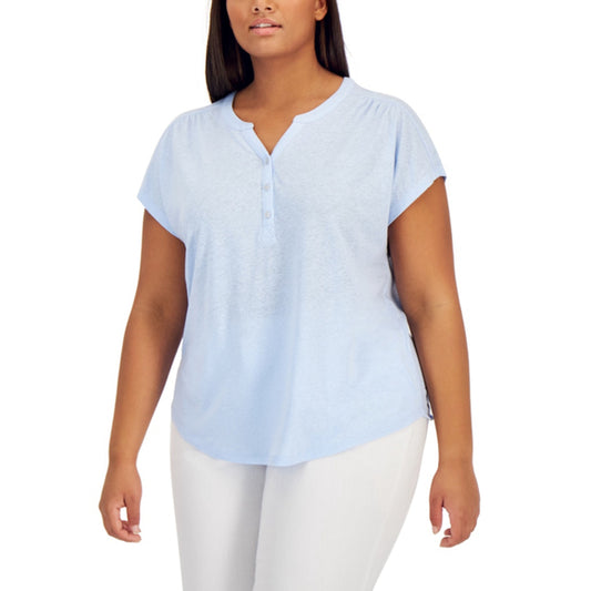 Style & Co Plus Size 2X Light Blue Henley Short Sleeve Split Neck Top NWT