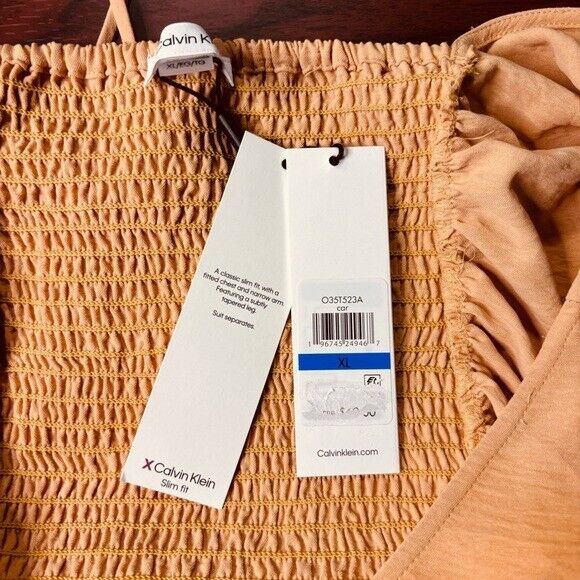 CALVIN KLEIN Women's XL Drawstring-Ruched Light Orange Puffed-Sleeve Top NWT