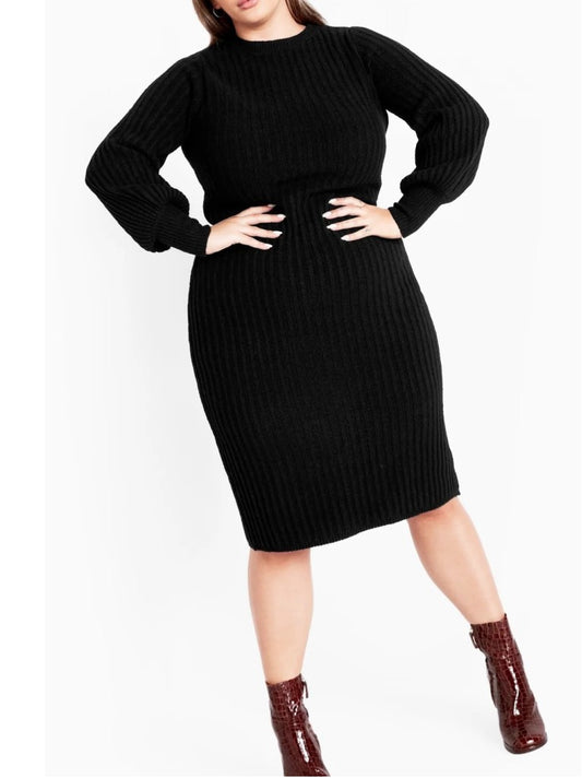 Loralette (Avenue) Plus Size 26/28 Black Ribbed Knit Sweater Dress NWT