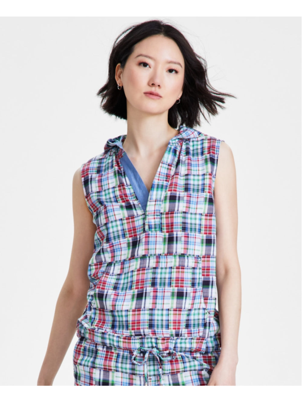 Nautica Jeans Size Extra Small Patchwork Plaid Cotton Sleeveless Hooded Top NWT