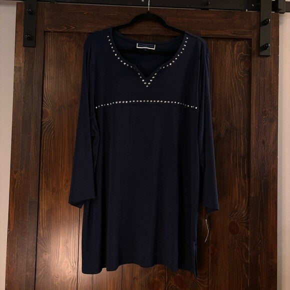 Karen Scott Plus Size Navy Blue Embellished Cotton Tunic NWT.