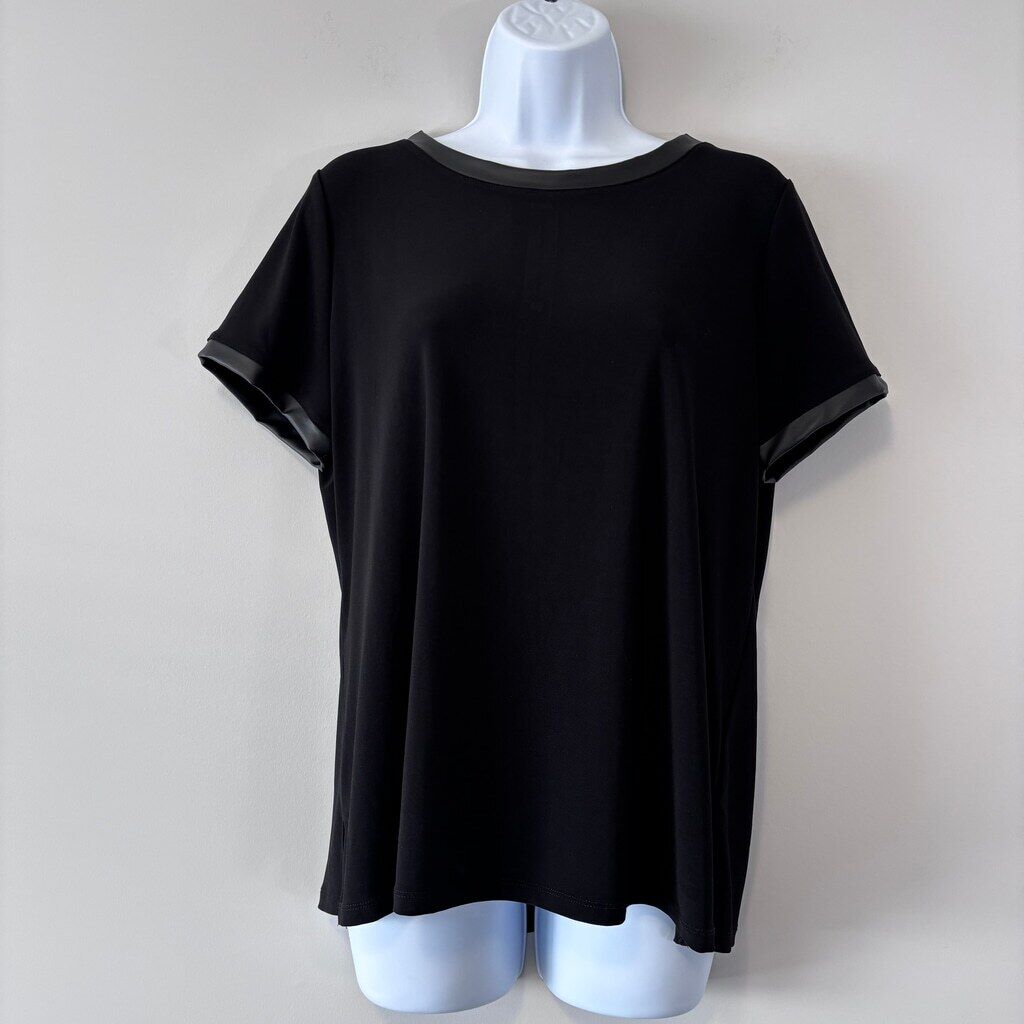 Anne Klein Women's Petite Large Black Short-Sleeve Button-Back Crewneck Top NWT
