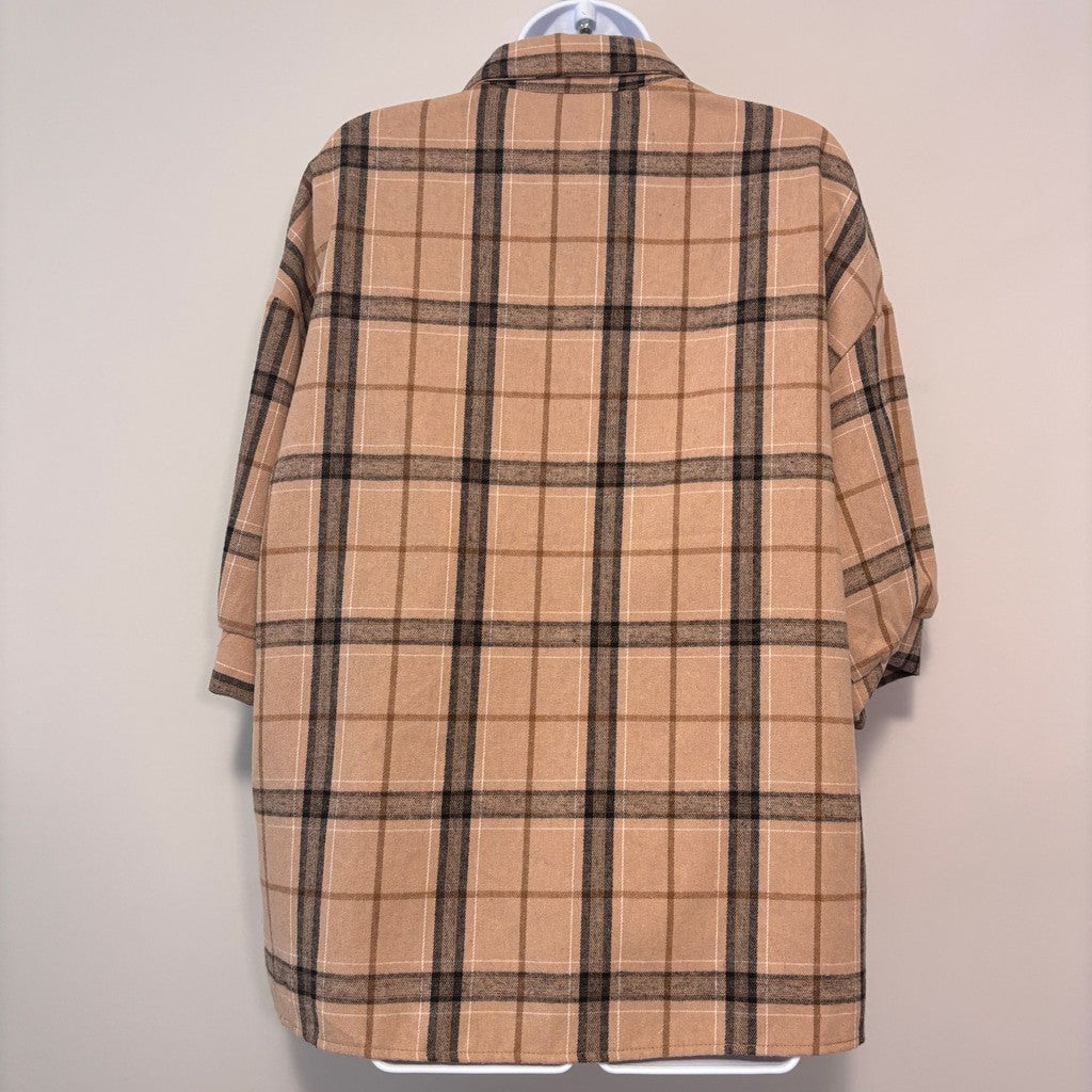 Shein Women's Size Medium Beige & Brown Plaid Button-Down Collard Shirt NIB