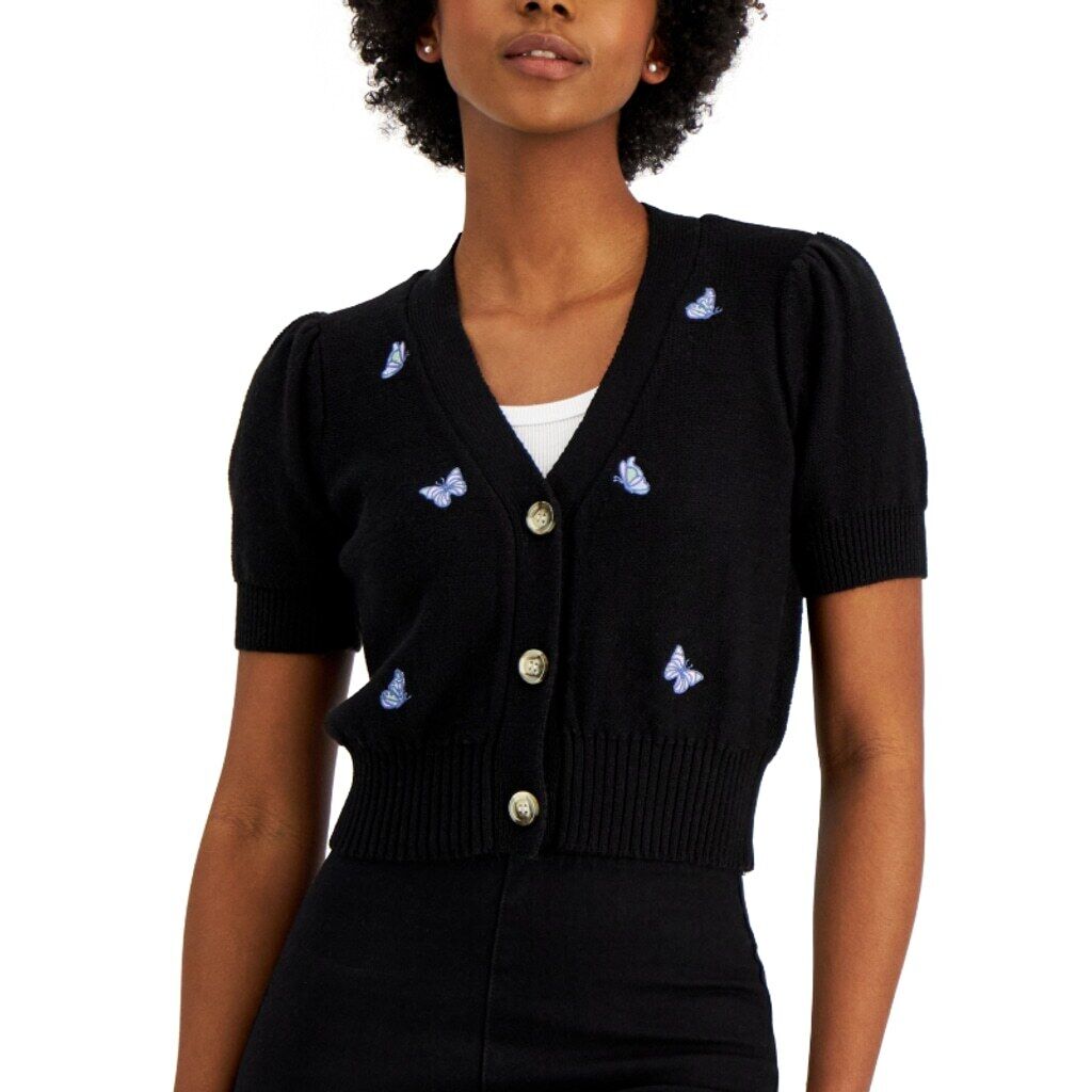 Hooked Up Juniors' M Puff-Sleeve Embroidered Butterfly Cardigan Sweater NWT