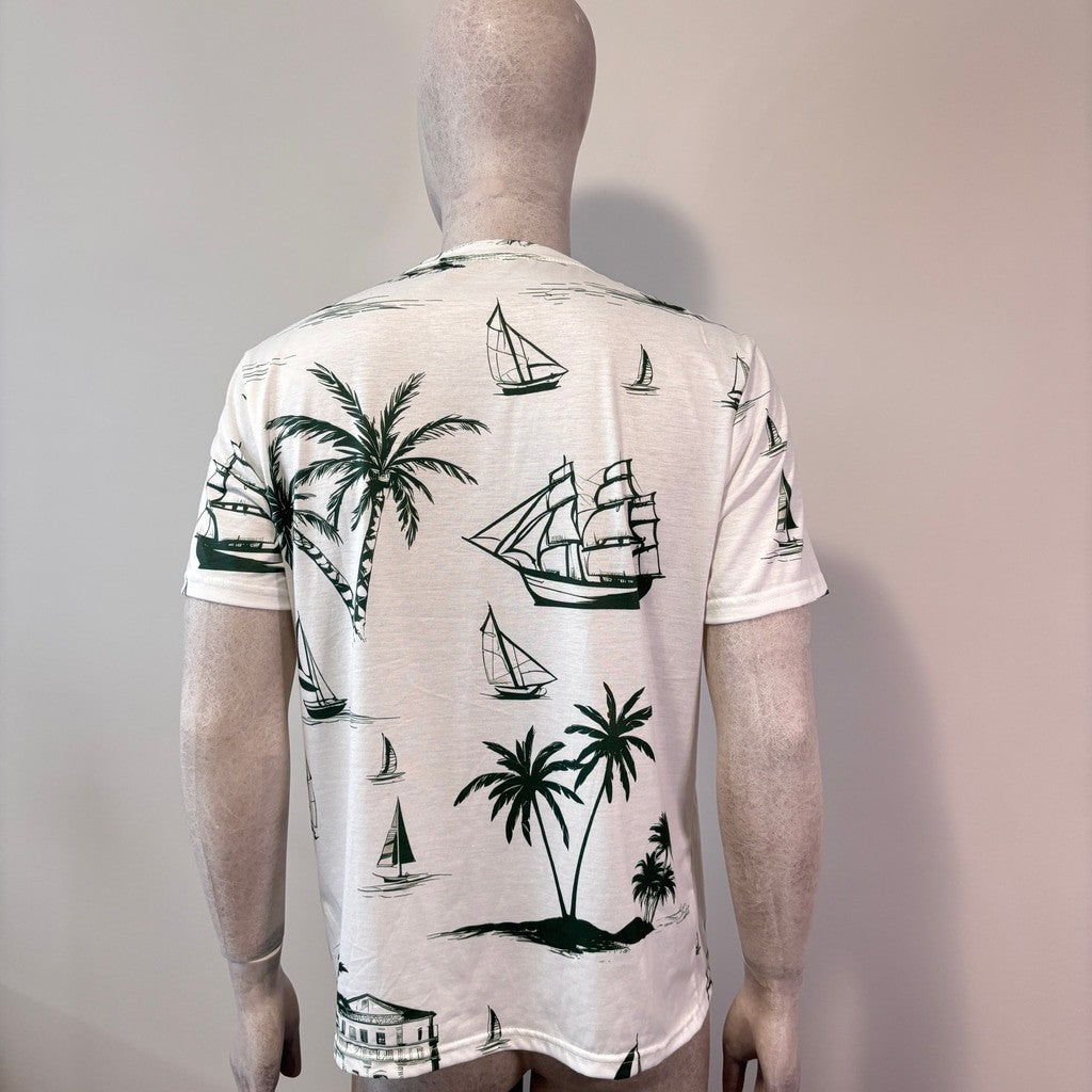 Shein Men's Large White & Green Tropical Beach & Palm Tree T-Shirt NIB