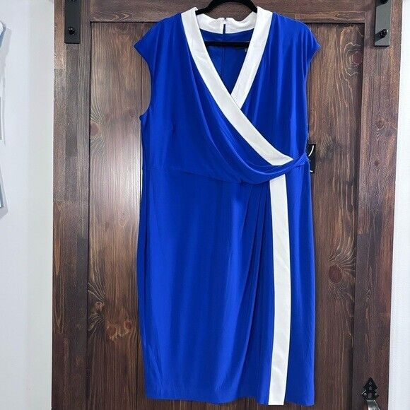 KASPER Plus Size Blue & White Colorblocked Faux-Wrap Cap-Sleeve Dress NWT