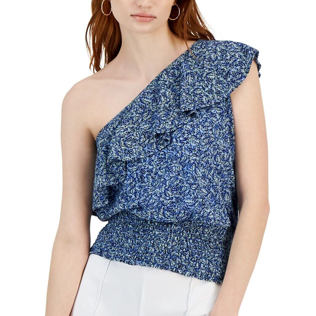 INC International Concepts Women's M Blue One-Shoulder Floral Ruffled Top NWT.